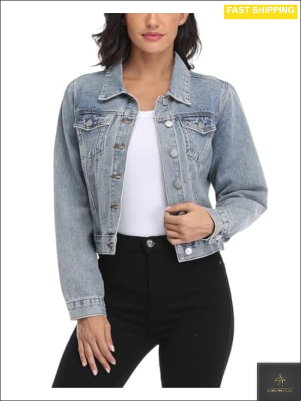 100% Cotton Cropped Denim Jacket Button Down Jean Shacket with Pockets
